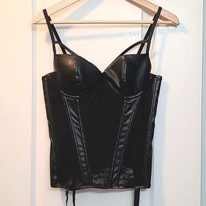 Black lace and faux leather buster corset top